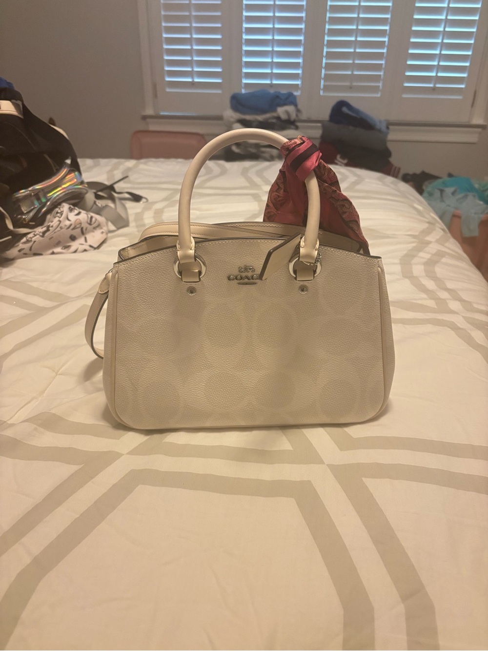 Coach Cream Leather Satchel with Red Accent Scarf